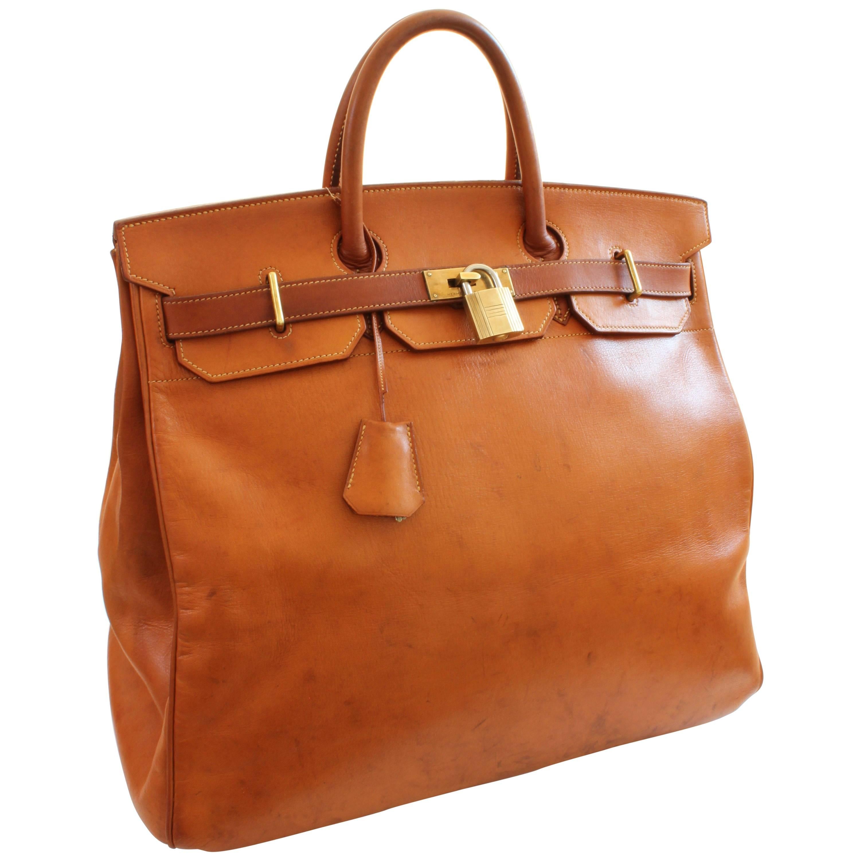 Hermes Haut a Courroies Bag HAC 45cm Travel Tote Rare Veau Grain Long Leather 