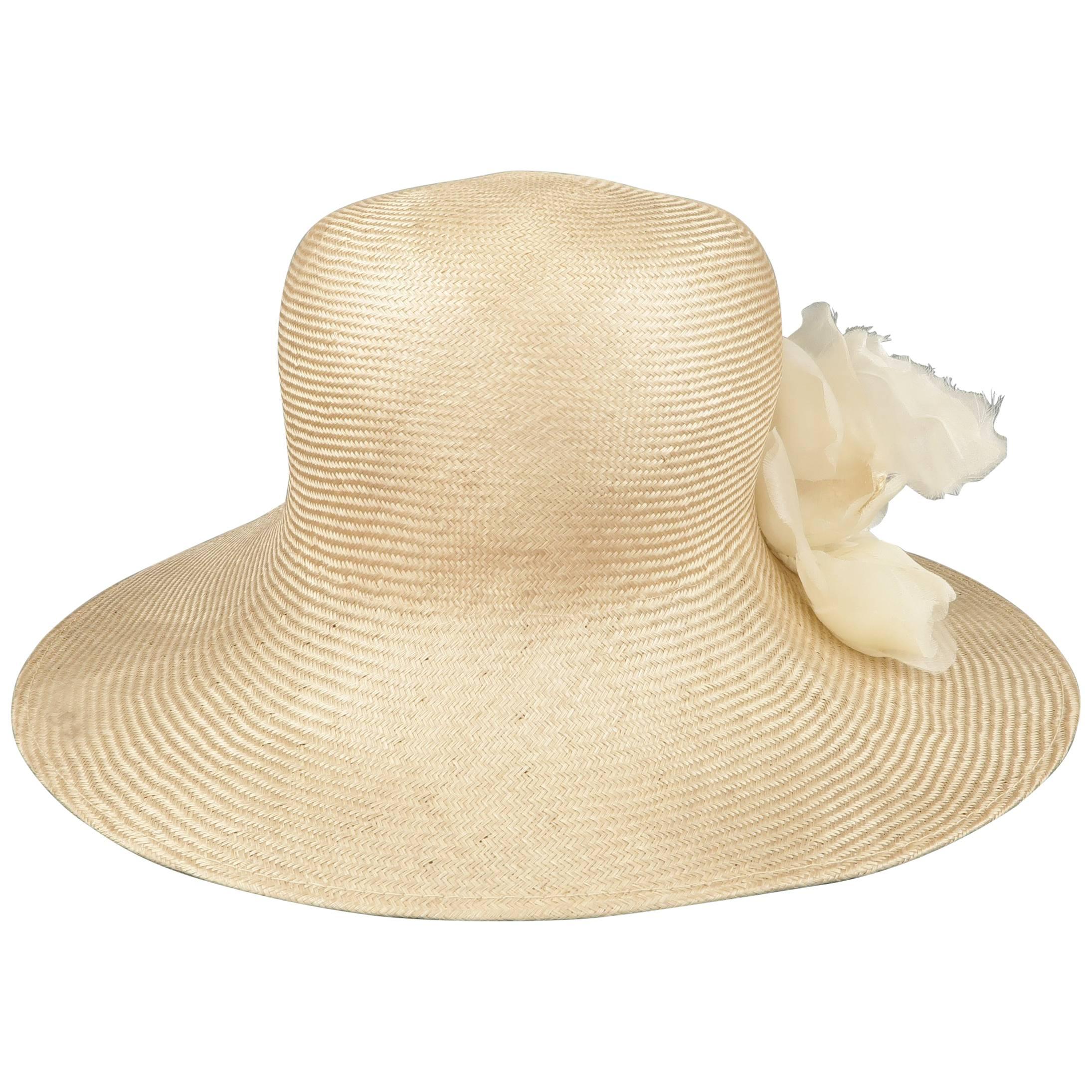 GABRIELA LIGENZA Blonde Beige Cream Silk Organza Flower Straw Sun Hat