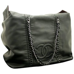CHANEL Luxury Line Large Shoulder Bag Tote Black Silver Lambskin
