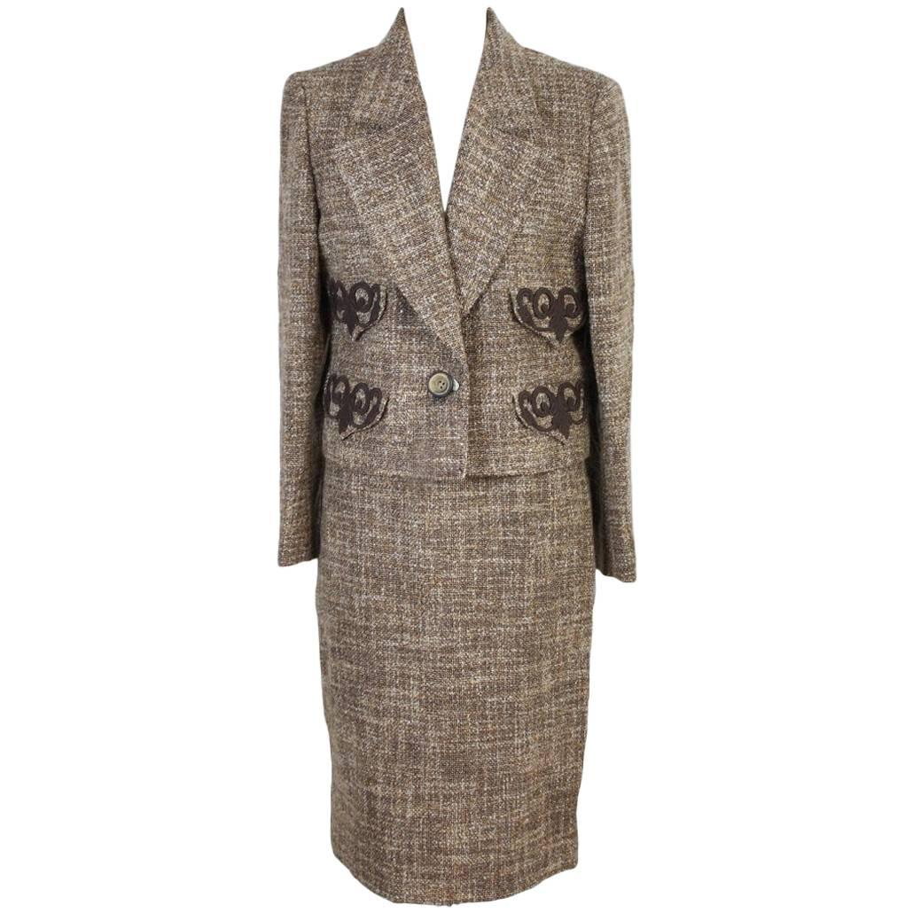 Valentino Boucle Beige Brown Wool Italian Skirt Suit, 1990s For Sale