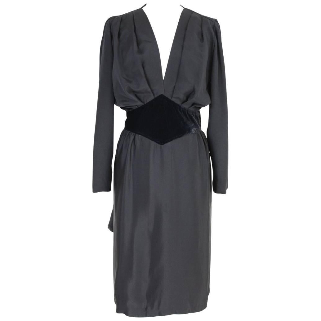 NWT Mario Borsato vintage evening silk black plisse dress women’s V-neck 1980s  For Sale