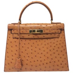 Vintage 1991 Hermes Saffron Ostrich Leather Sac Kelly Bag