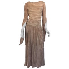 Mary McFadden nude draped sleeve pleated dress