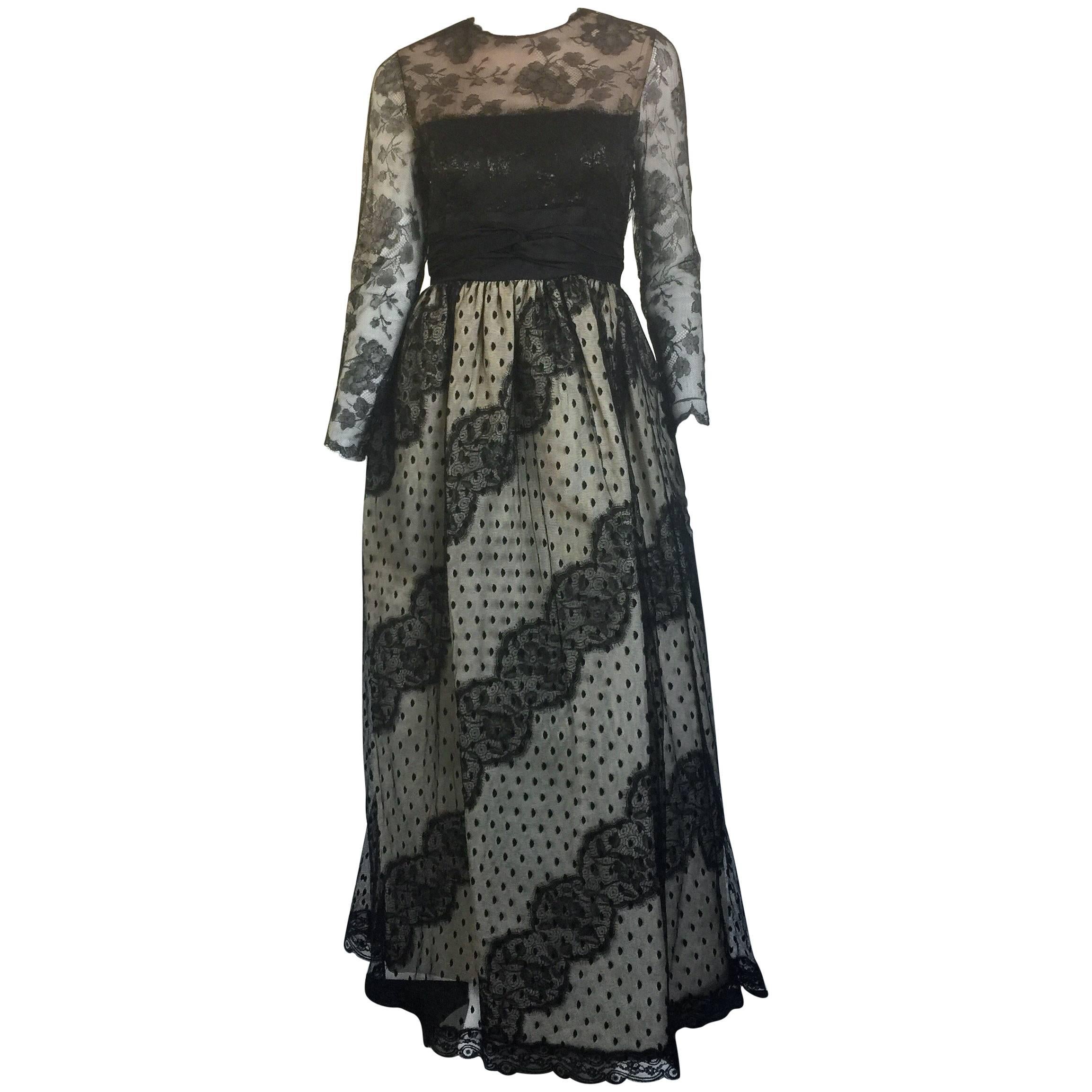 Bill Blass black and nude lace ball gown  For Sale