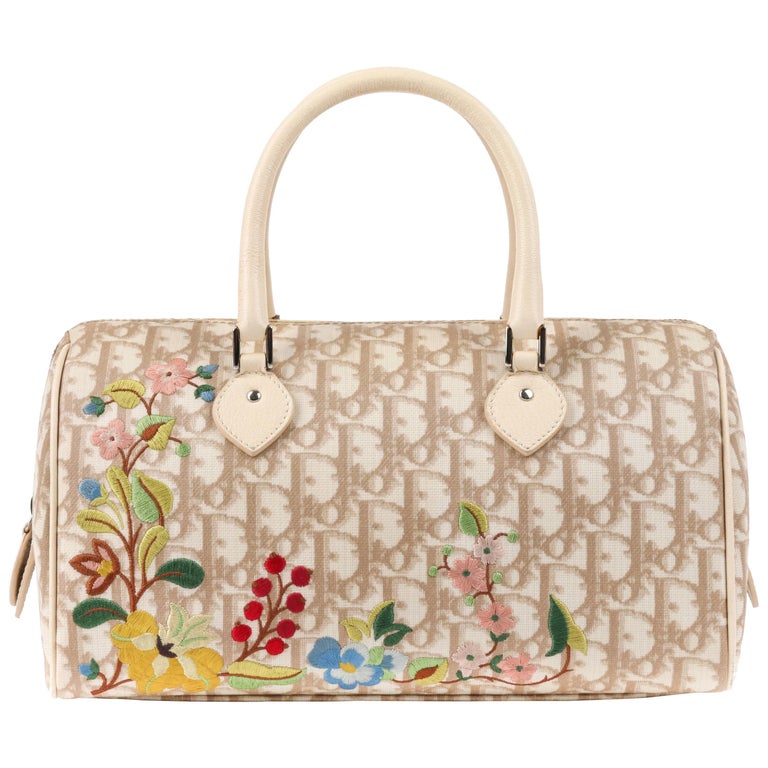 Christian Dior S S 2005 Beige Diorissimo Canvas Floral Embroidered Boston Bag At 1stdibs