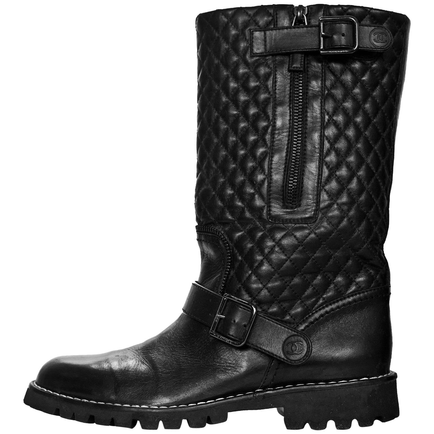 Chanel Black Quilted Leather Biker Boots Sz 40