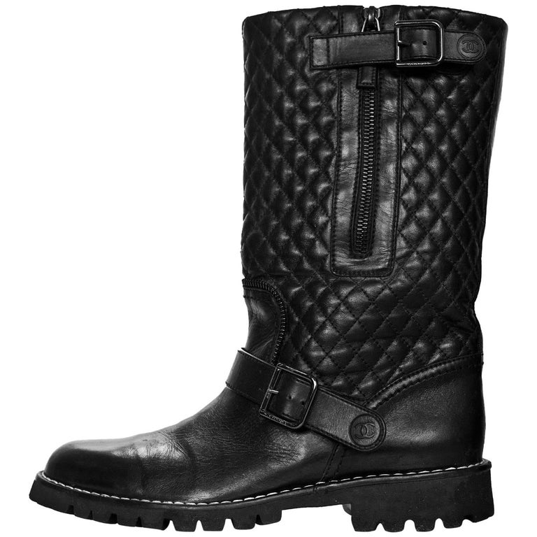 Chanel Black Quilted Leather Biker Boots Sz 40 at 1stDibs