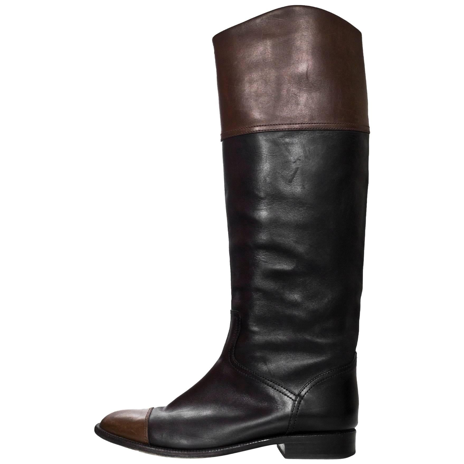 Chanel Black & Brown Leather Cap-Toe Riding Boots Sz 41