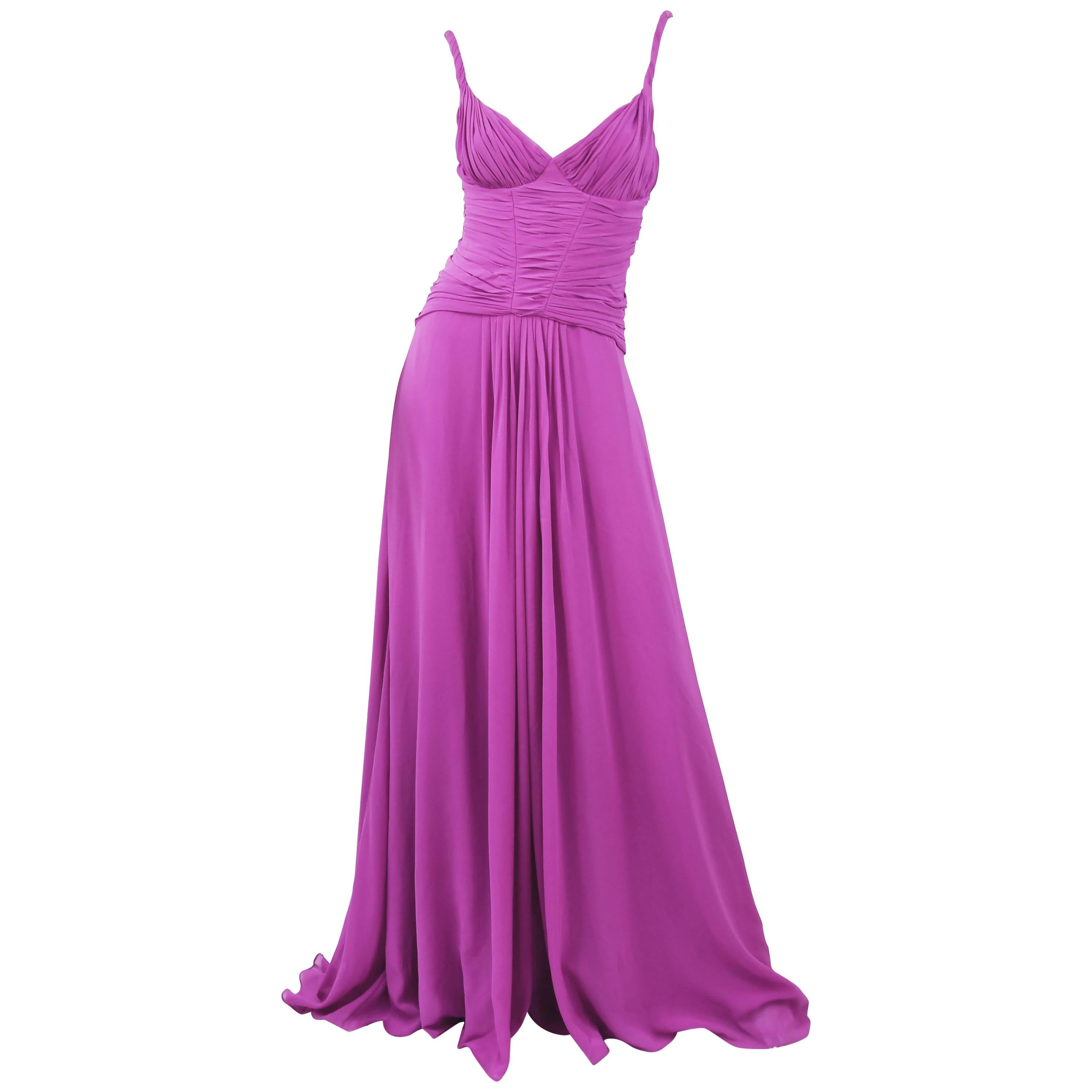 Emanuel Ungaro Long Chiffon Gown in Magenta, Size 4 For Sale