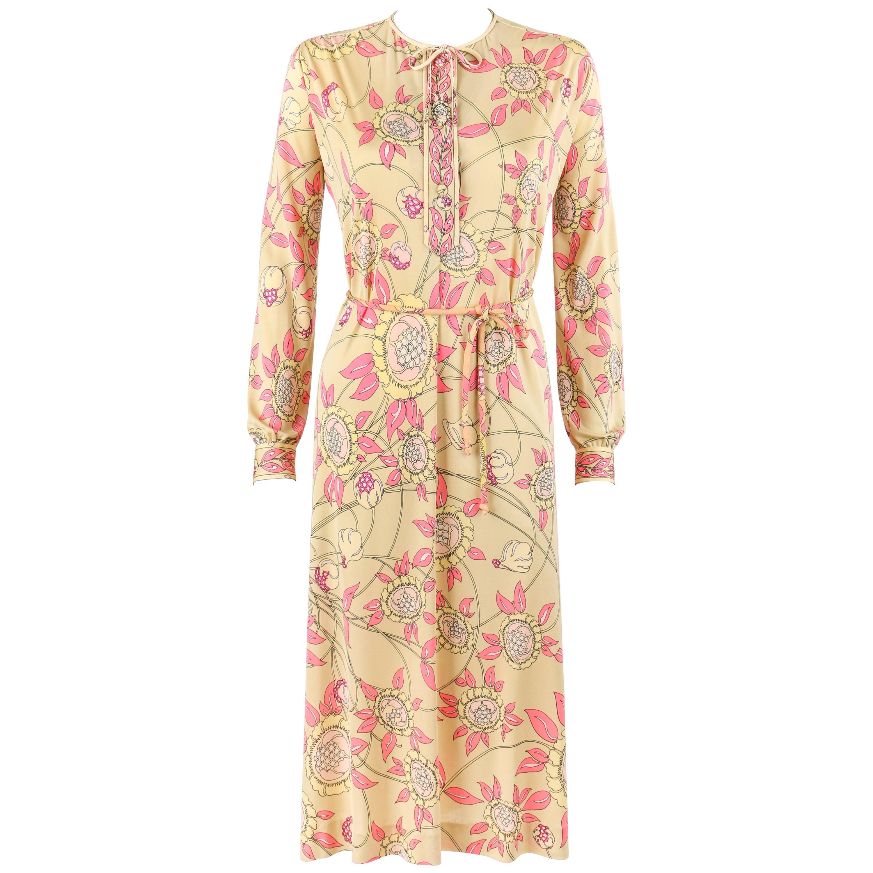 EMILIO PUCCI c.1970s Beige Floral Signature Print Silk Jersey Belted Shift Dress