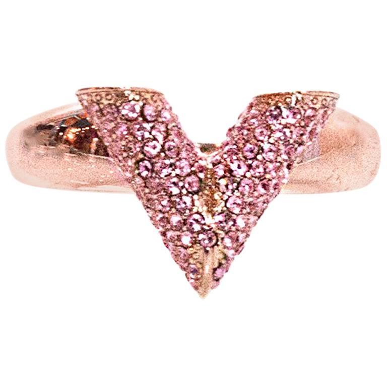 Louis Vuitton Rose Goldtone Pink Pave Crystal V Essential Ring Sz L/US7.5  For Sale at 1stDibs
