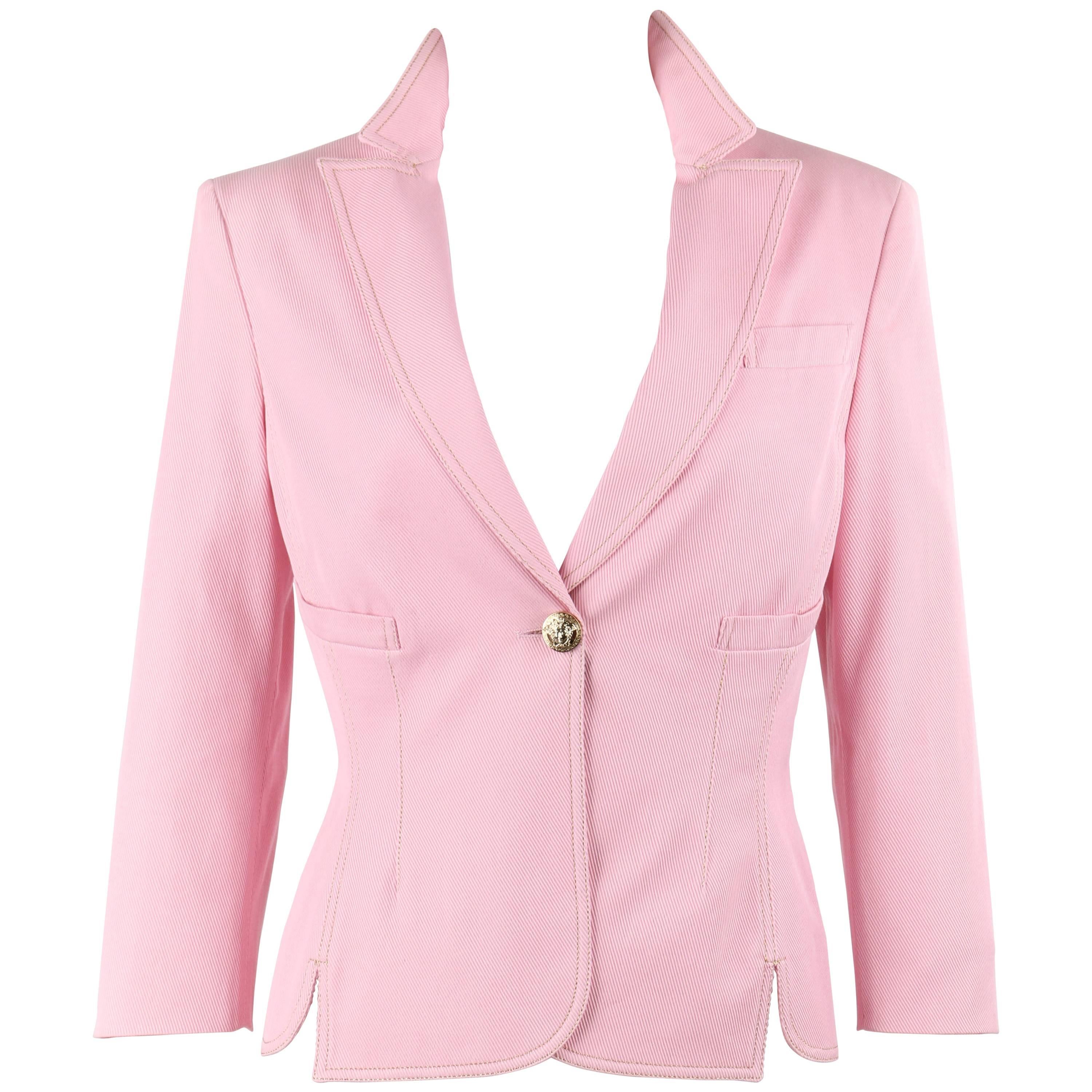 VERSACE S/S 2005 Rose Pink Denim Single Medusa Head Button Blazer Jacket NWT