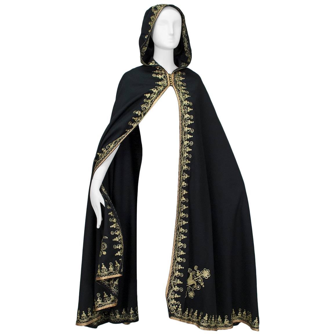 Moroccan Gold Embroidered Cloak with Tasseled Hood, 1960s