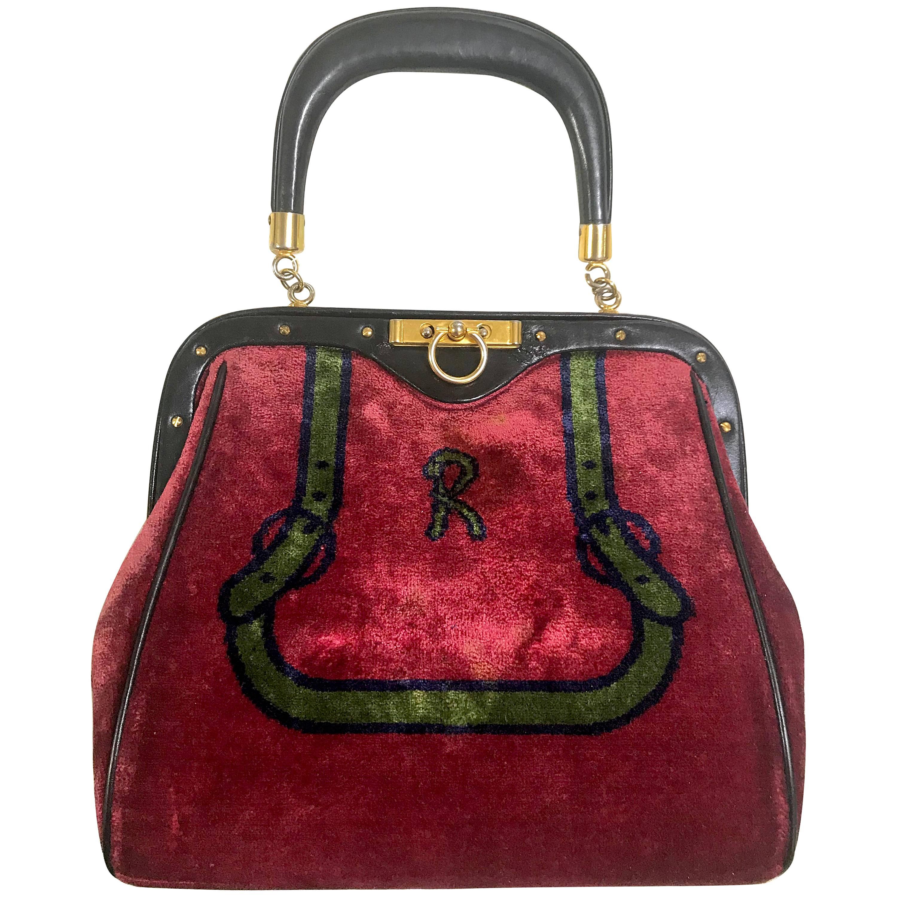 Roberta di Camerino vintage red and green navy bow and logo weaved chenille bag  For Sale