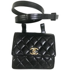 Vintage CHANEL square black lambskin waist purse, fanny pack pouch and belt set.