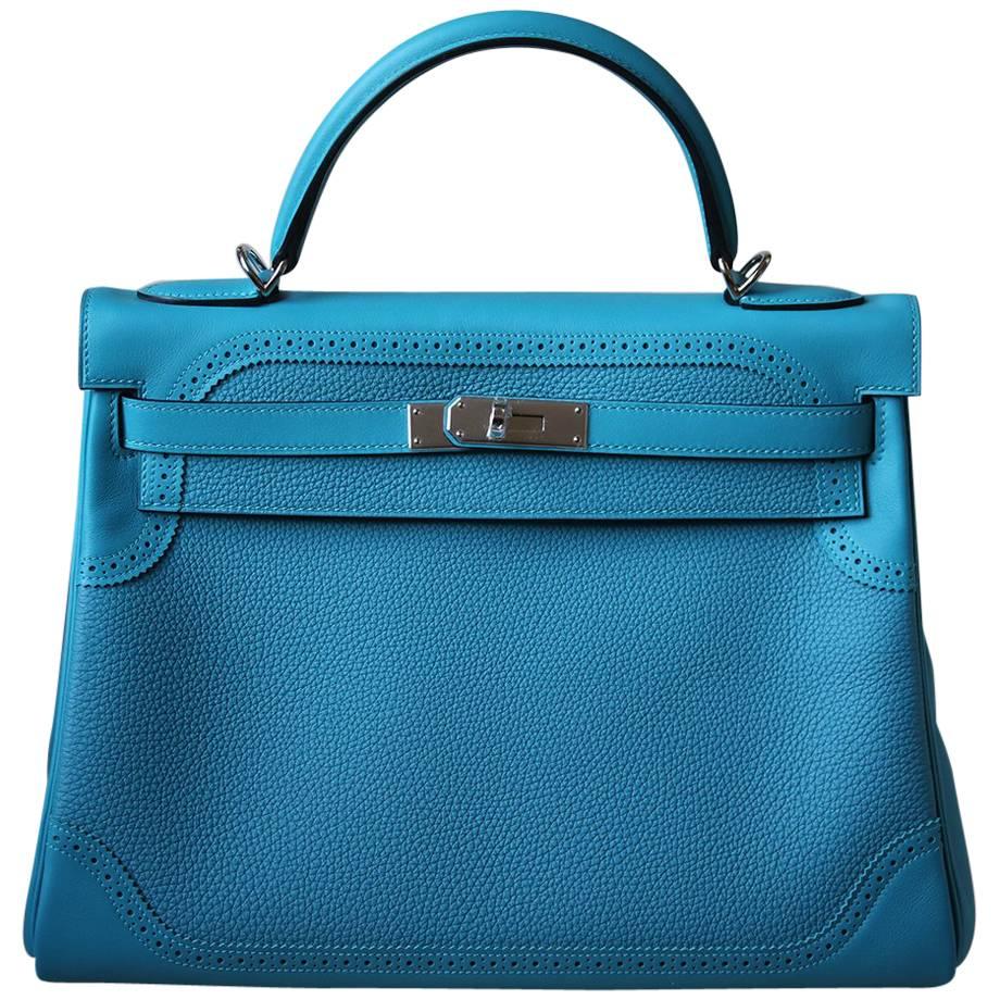 Hermès 32cm Turquoise Ghillies Togo With Palladium Hardware Kelly Bag