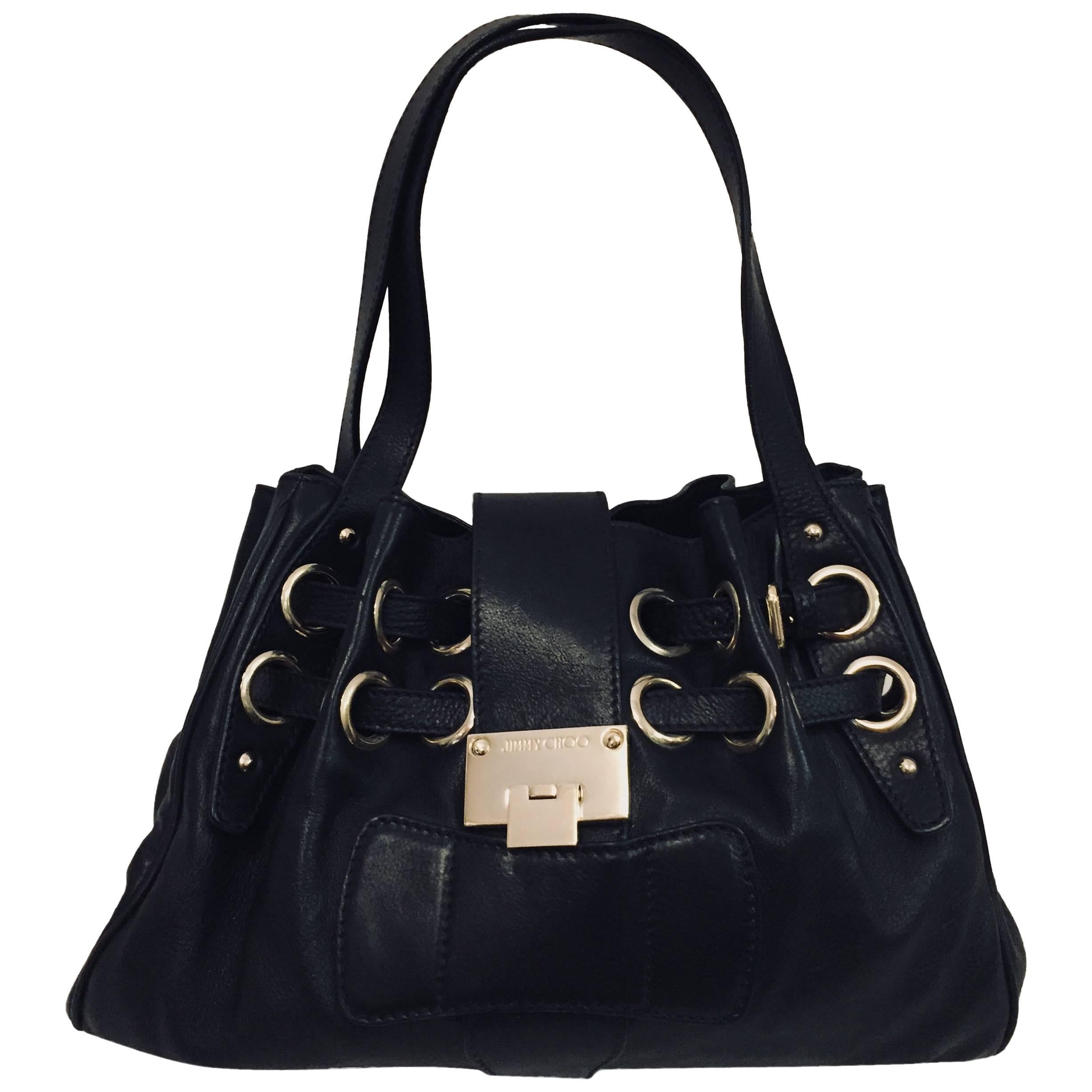 Jimmy Choo Black Leather Gathered Shoulder Bucket Bag With Grommets For Sale