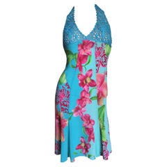 Retro Versace Silk Halter Dress with Embroidery