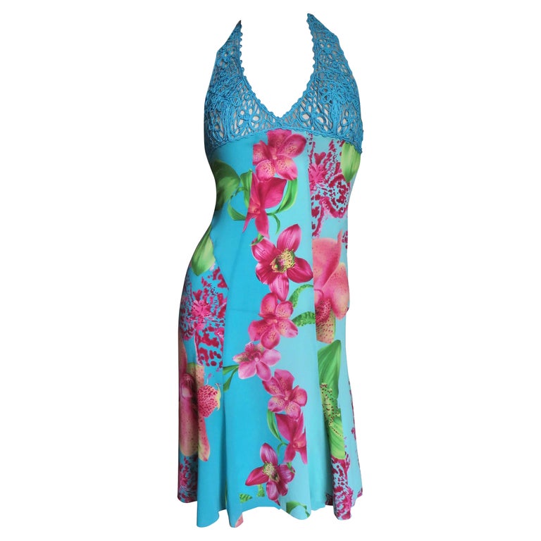 Versace Silk Halter Dress with Embroidery For Sale