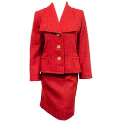 Givenchy Vintage Red Tweed Skirt Suit with Wide Collar and Two Front Pockets