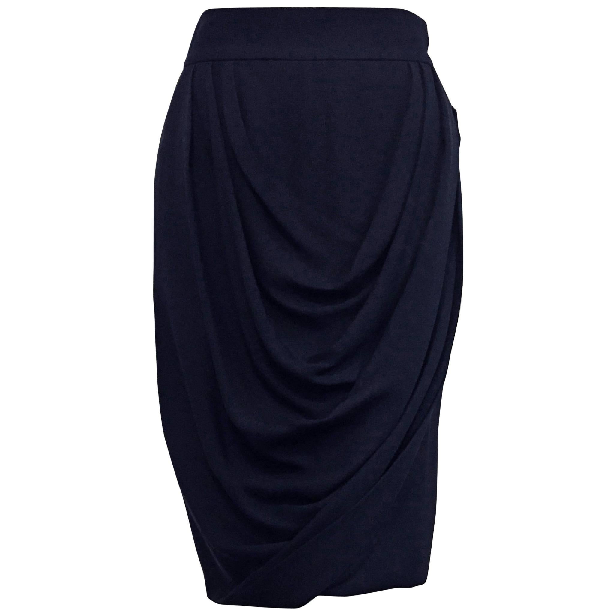 Chanel Black Silk Crepe Straight Skirt With Draped Front 38 For Sale