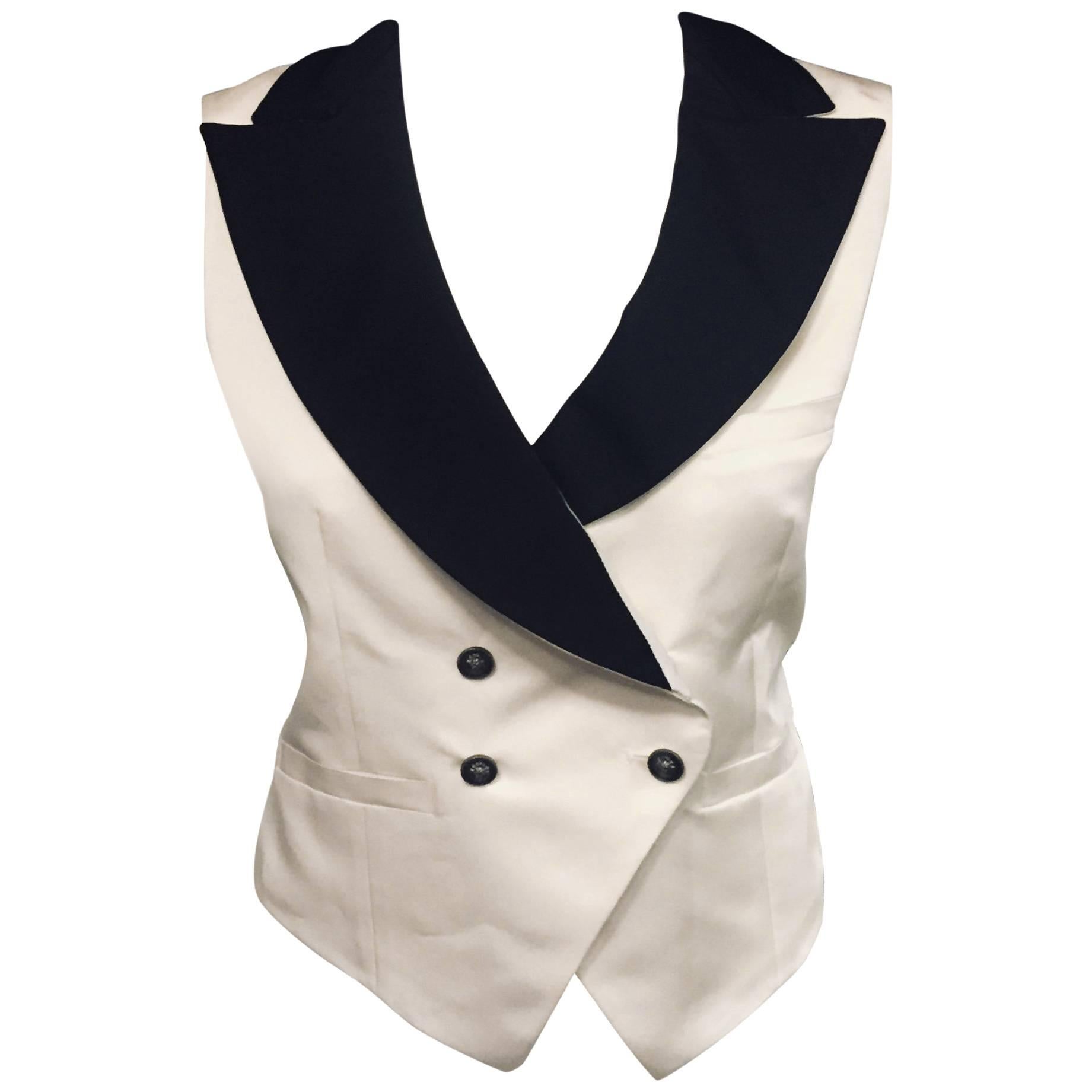 Chanel Champagne Tuxedo Style Vest with Black Collar and Four Chanel Buttons
