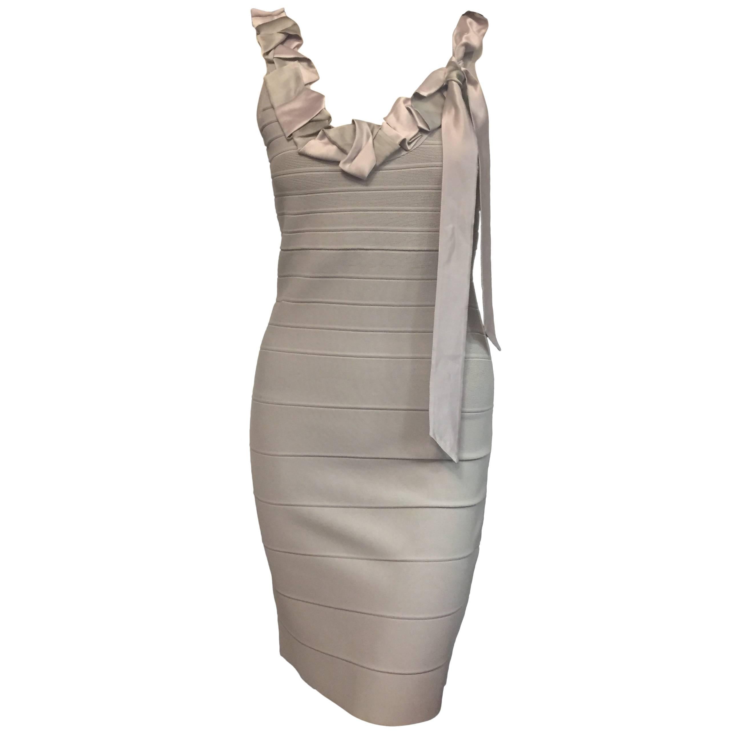 Herve Leger Grey Bandage Dress Decorated With Grey & Lavender Silk Ties For Sale
