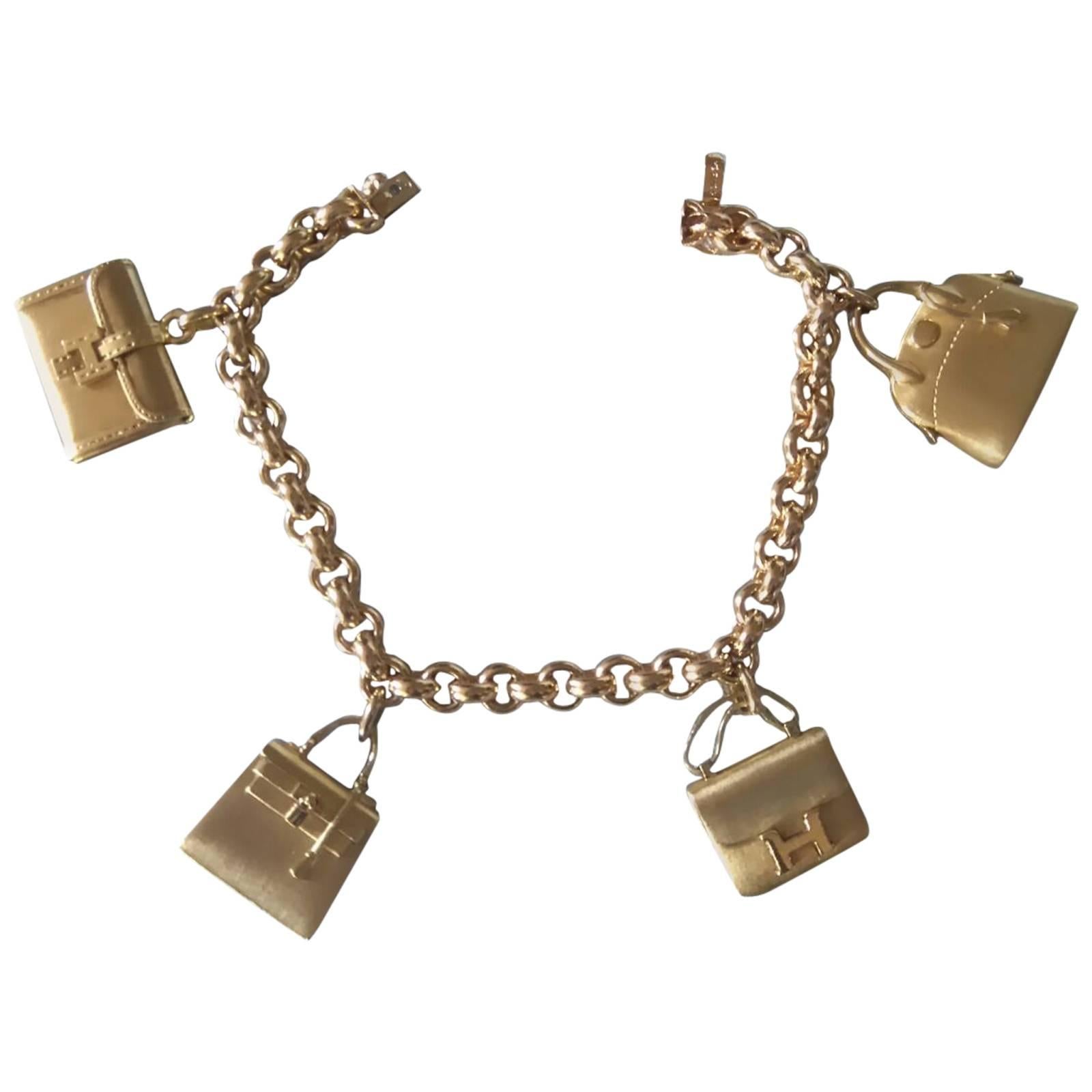Hermes La Ronde Des Sacs 2 Bags Charms Gold Bracelet   
