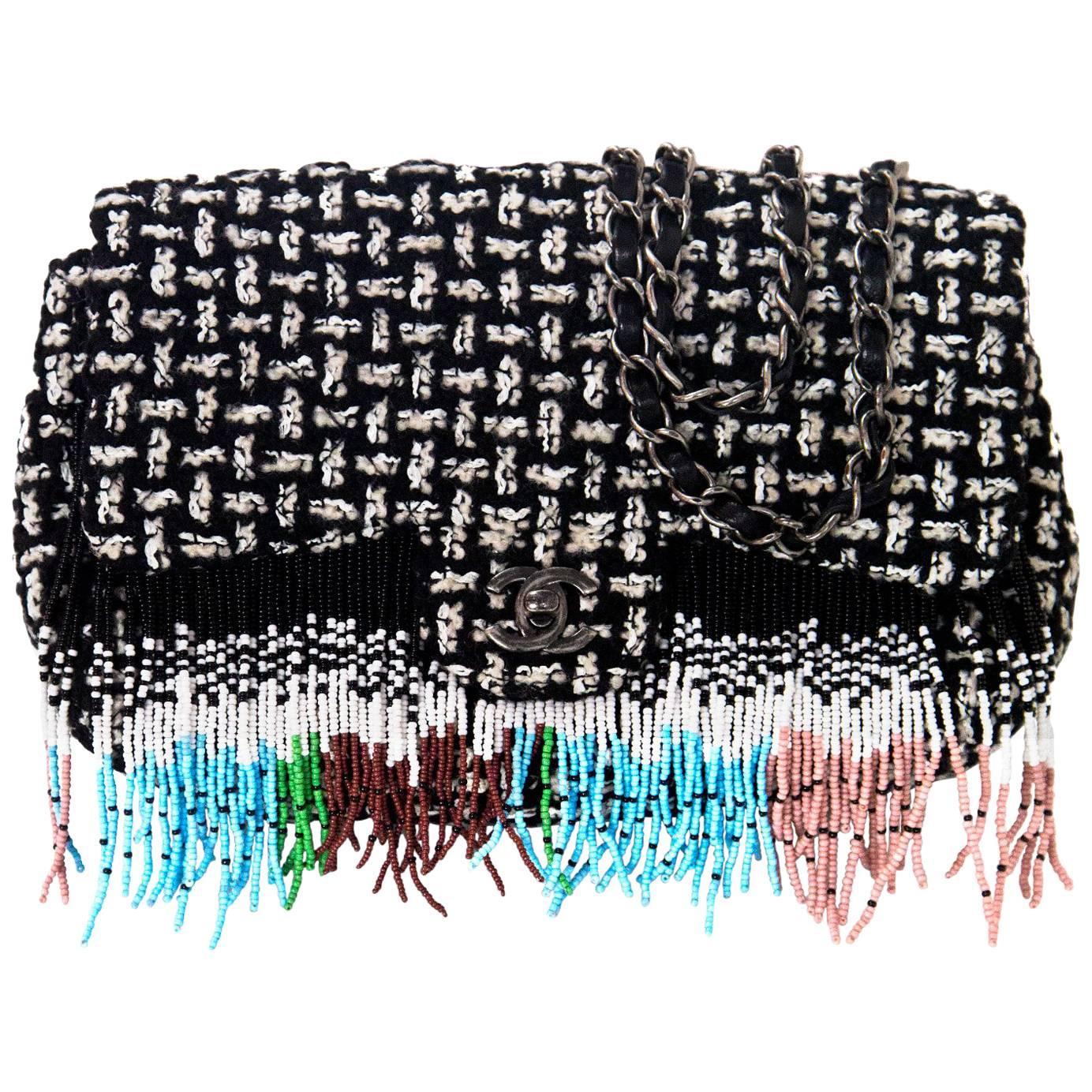Chanel 2014 Black & White Tweed Paris/Dallas Beaded Fringe Flap Bag rt. $6, 700