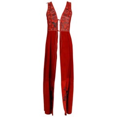 1970's Char Handpainted Red Leather Suede Whipstitch Bohemian Hippie Maxi Vest