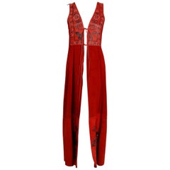 1970's Char Handpainted Red Leather Suede Whipstitch Bohemian Hippie Maxi Vest 