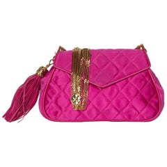 Retro 1990s Chanel Pink Quilted Satin Leather Gold Chain Tassel Shoulder Bag