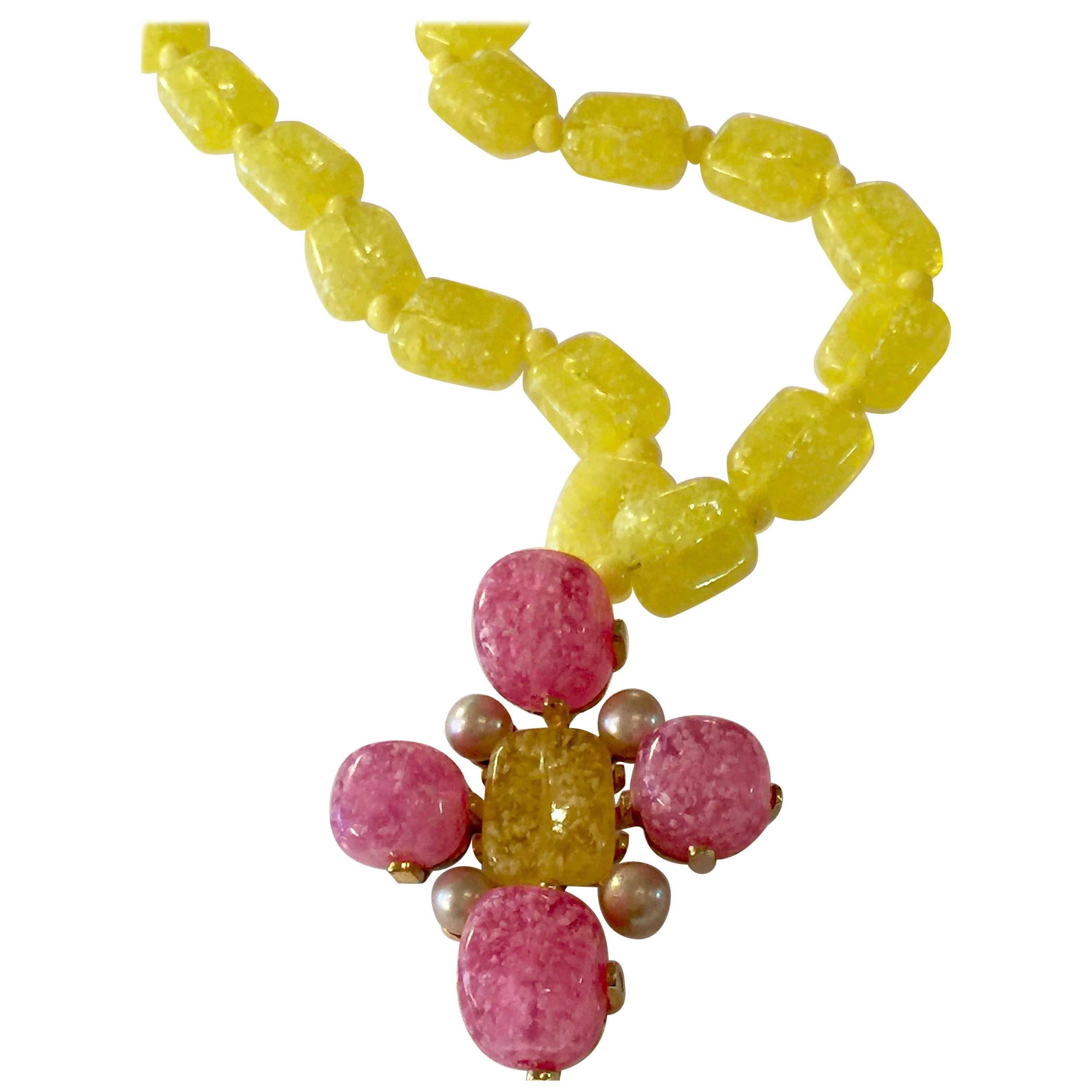  Vrba for Castlecliff Yellow and Pink Composite Resin Pendant Necklace 