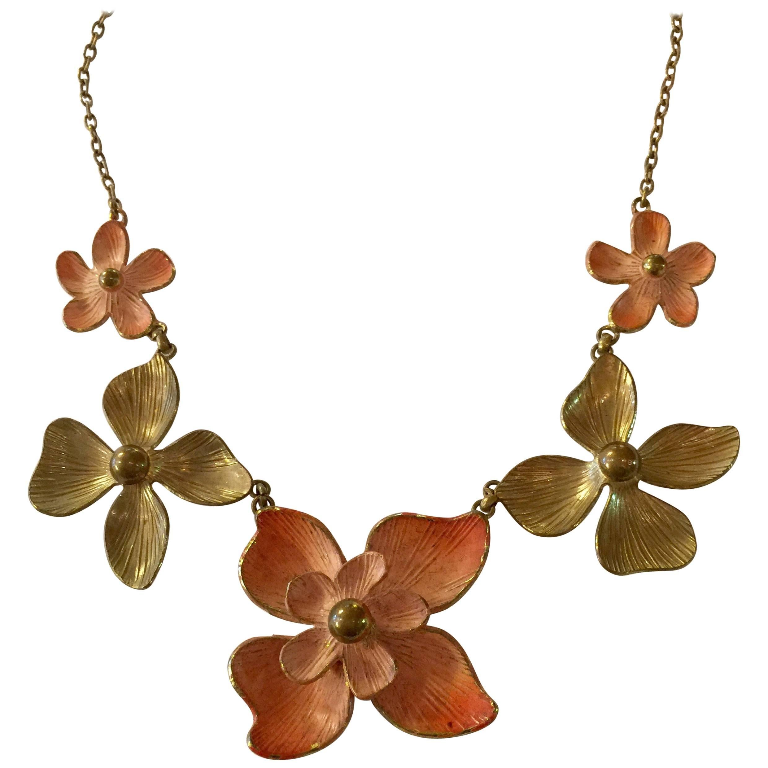 Enamelled Goldtone Floral Modernist Necklace, 1940s   For Sale