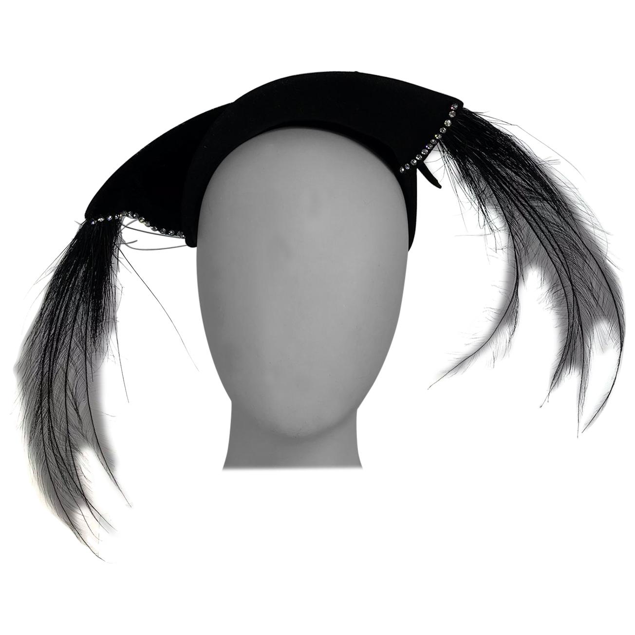 Frank Palma black bird of Paradise feather cocktail hat 1950s For Sale