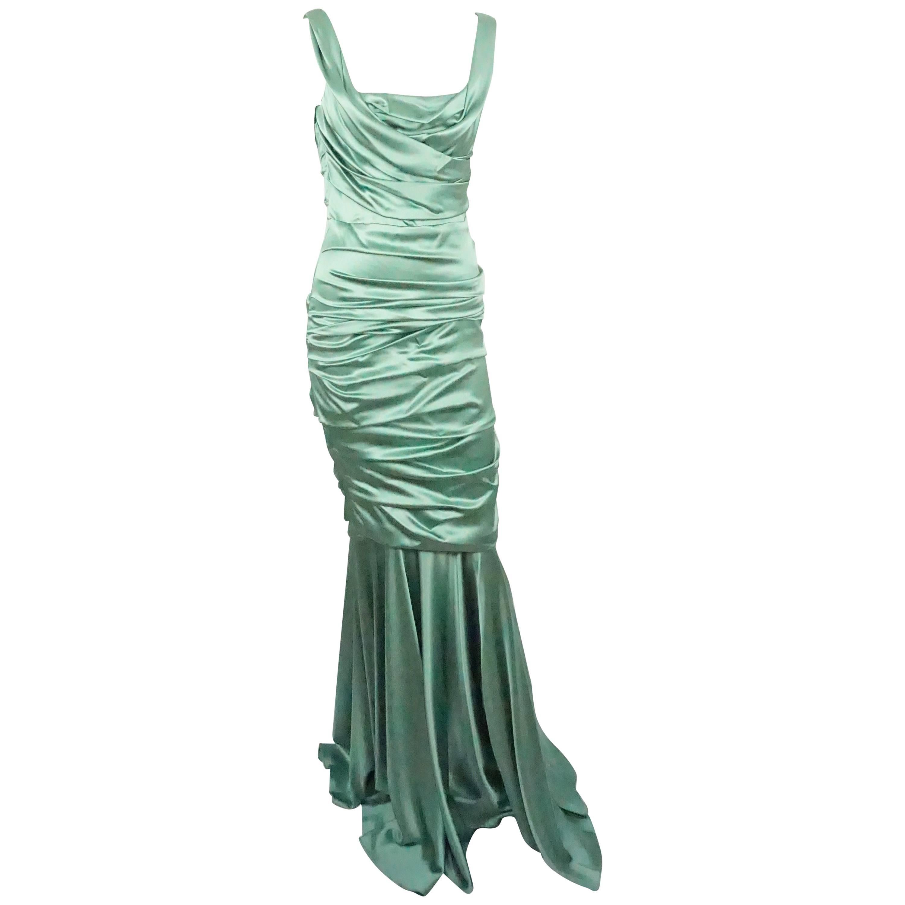 Dolce & Gabbana Seafoam Green Silk Ruched Gown - 42 