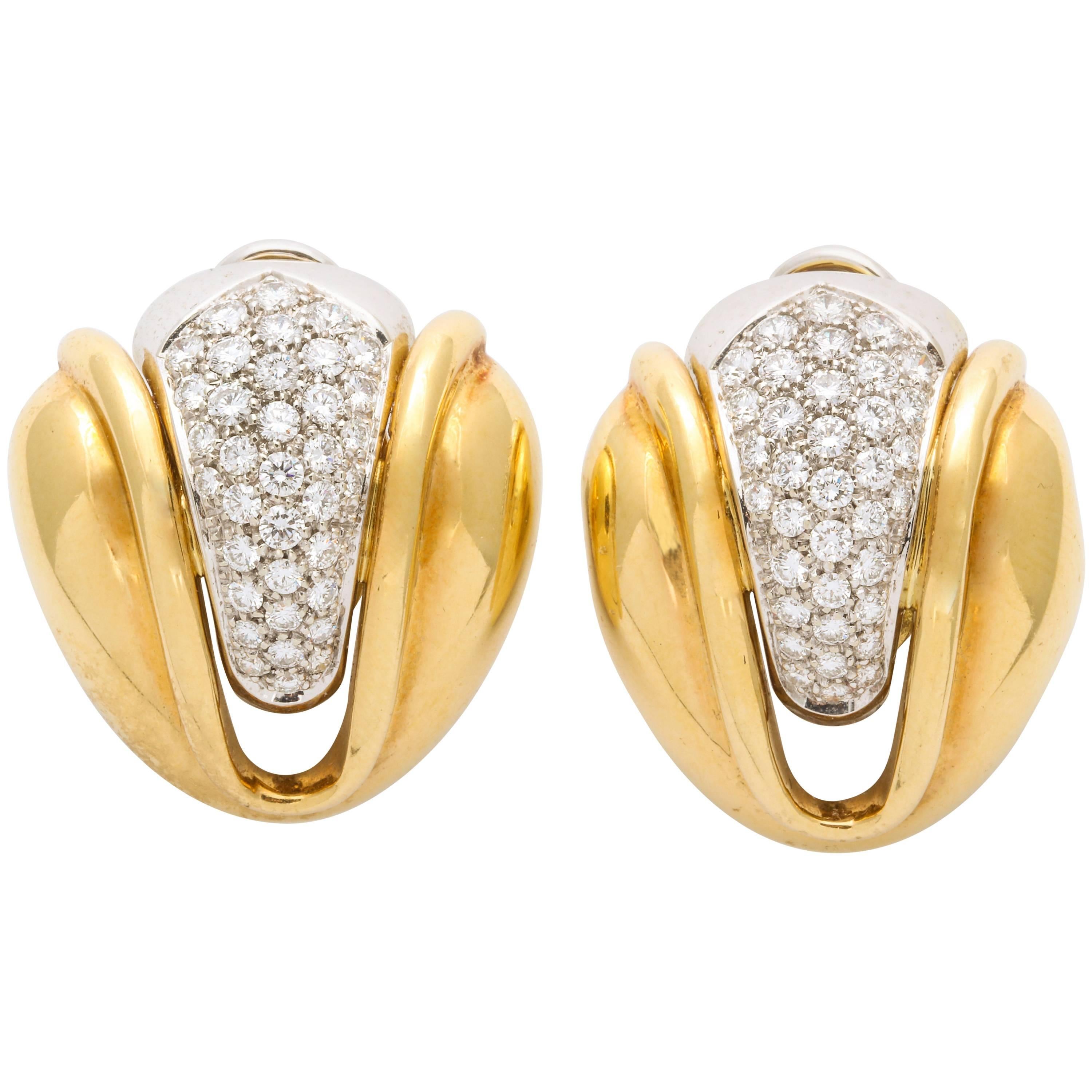  Diamond and Gold Petal Form clip Earrings For Sale