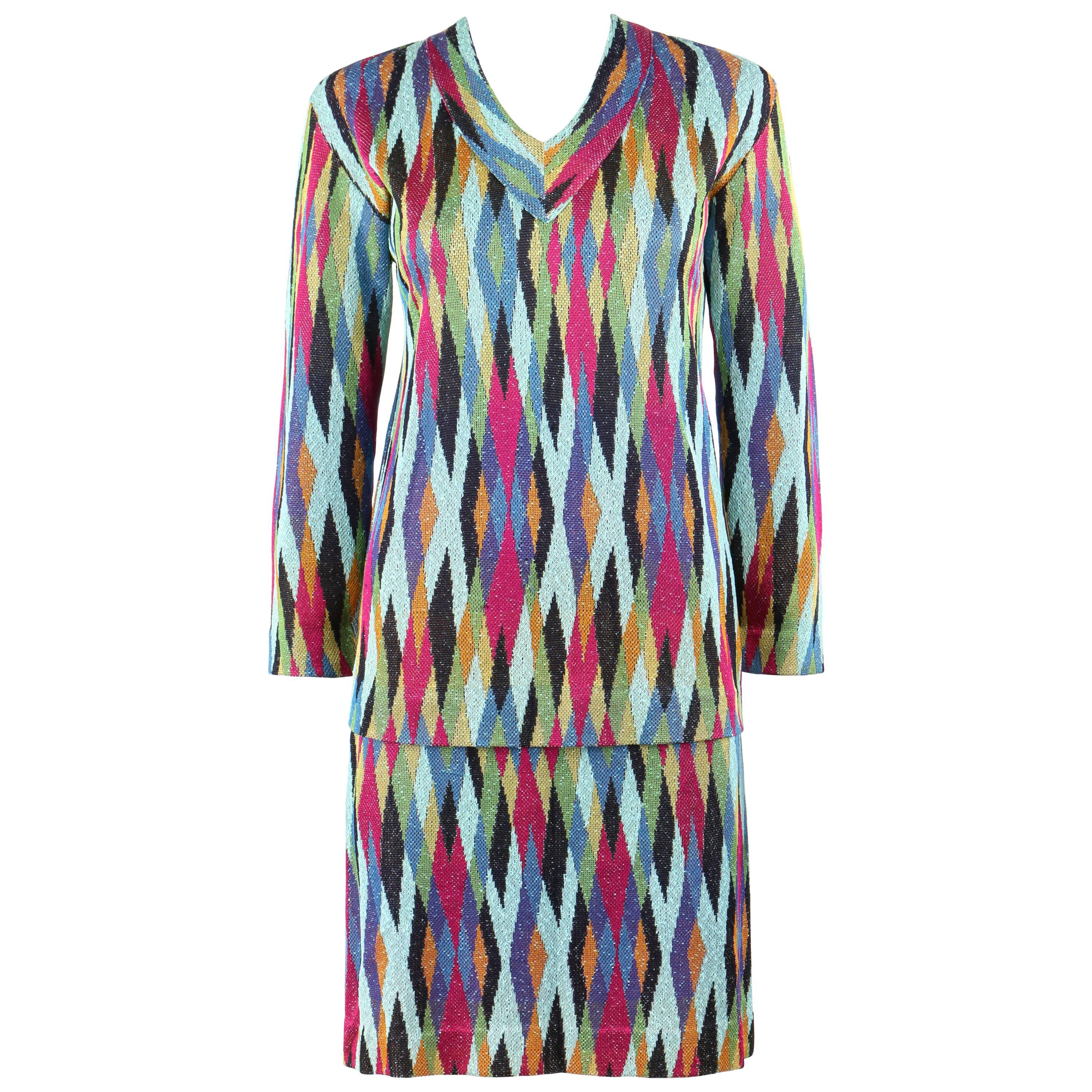 MISSONI c.1990's 2 Pc Multicolor Diamond Knit V Neck Top Skirt Suit Dress Set
