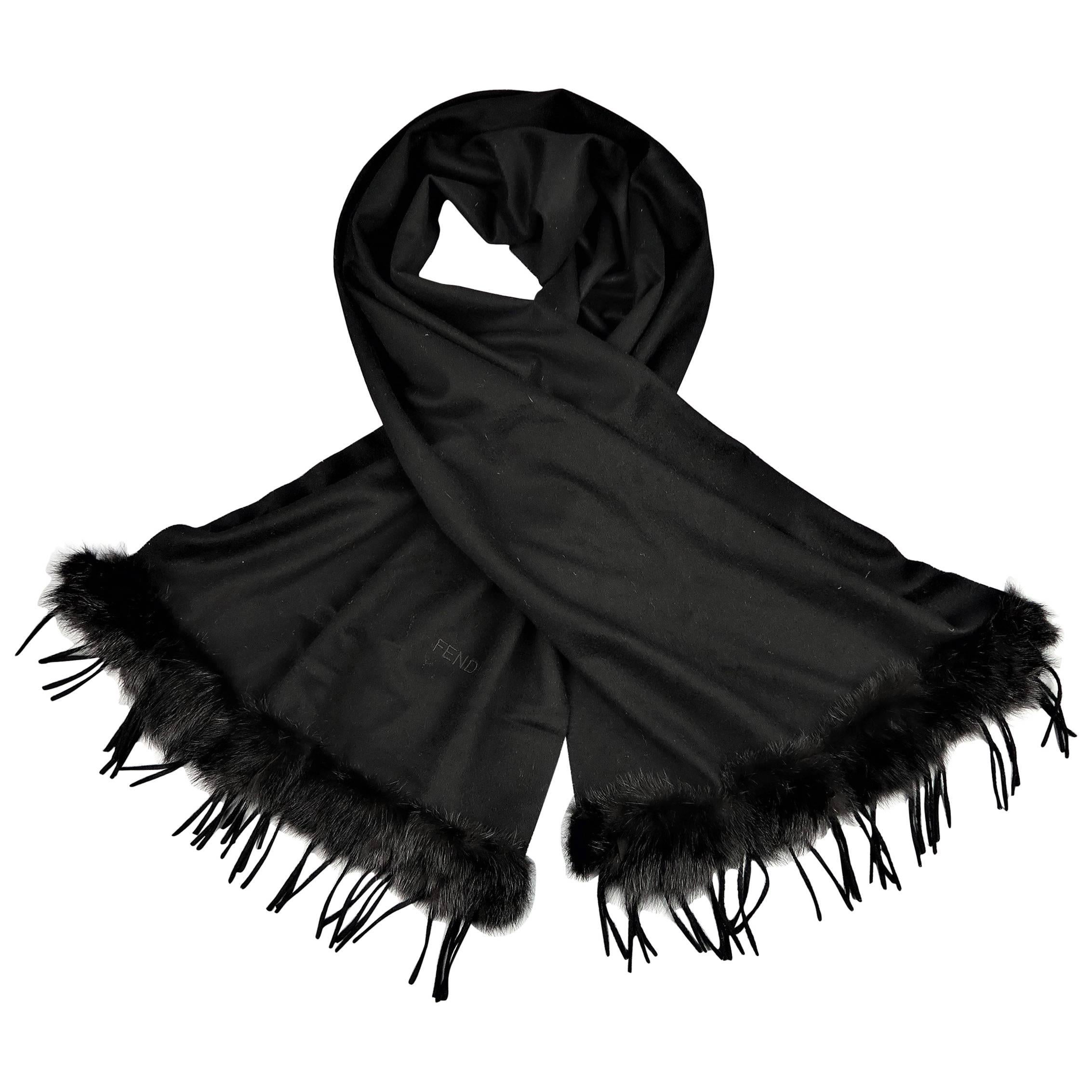 FENDI Black Cashmere Fur & Fringe Trim Scarf