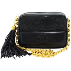 Chanel Retro 7" Black Quilted Leather Tassel Pochette Shoulder Bag