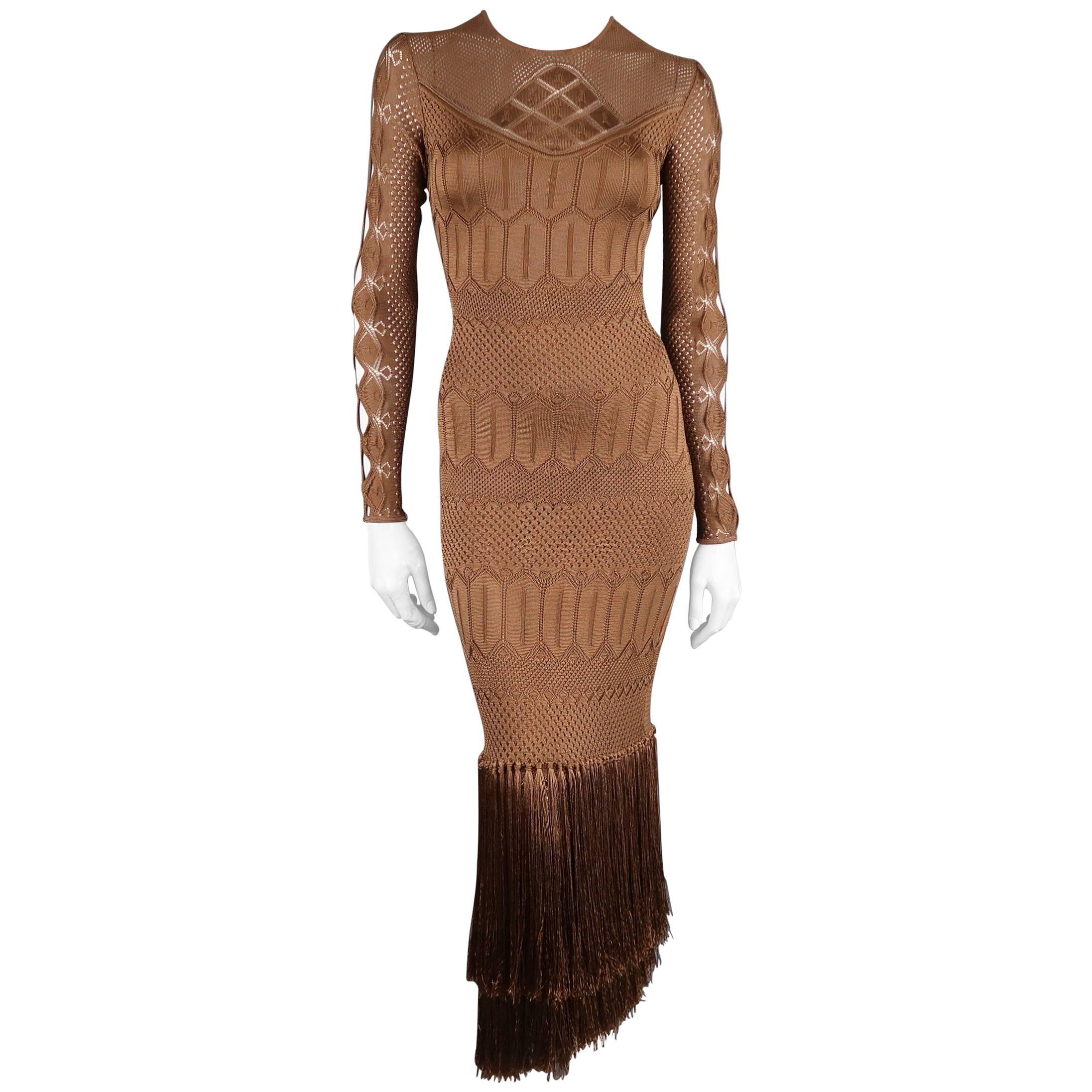 RALPH LAUREN Size M Light Brown Silk Knit Fringe Bodycon Cocktail Dress