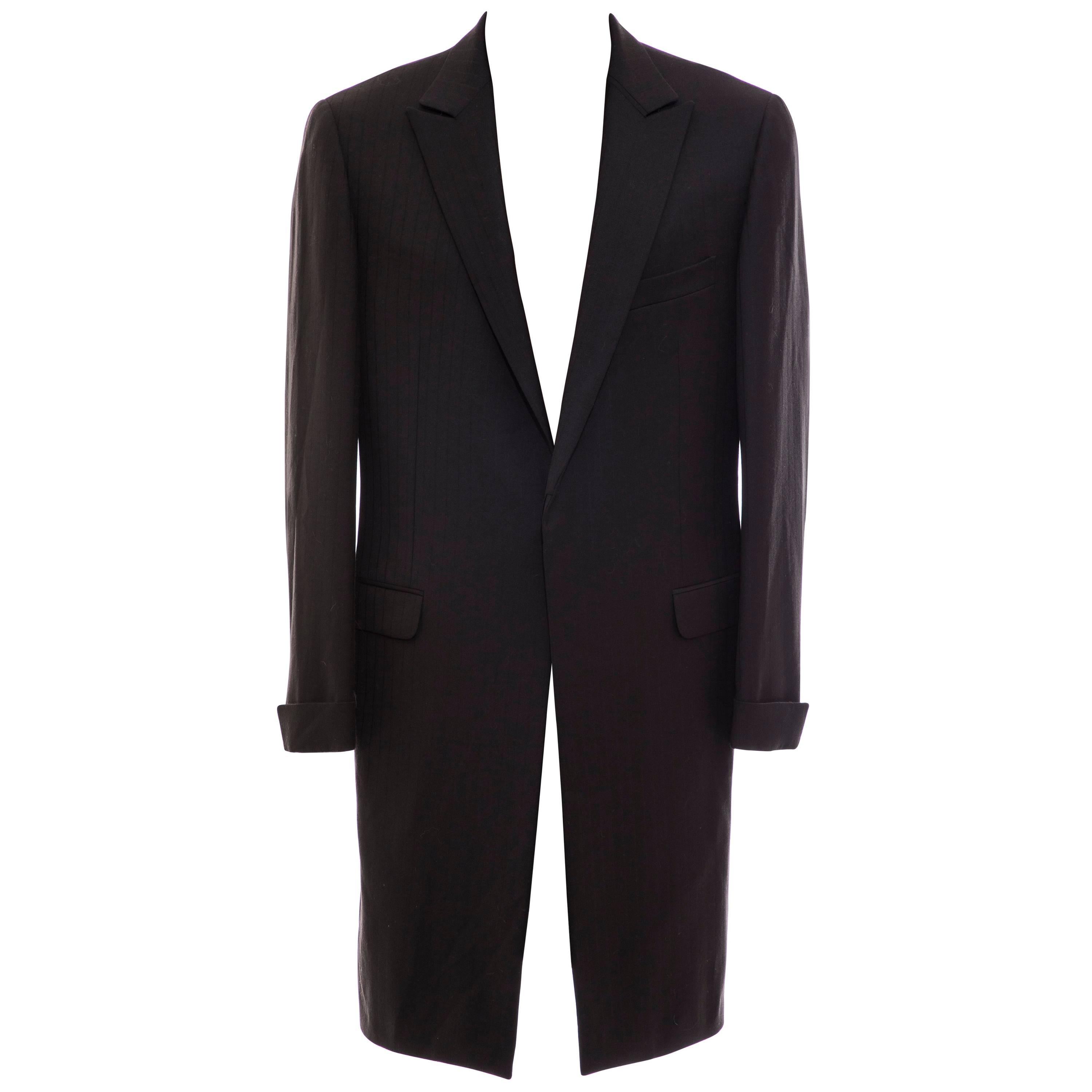 Gianni Versace Couture Men's Black Pinstriped Wool Overcoat, Circa 1990's For Sale