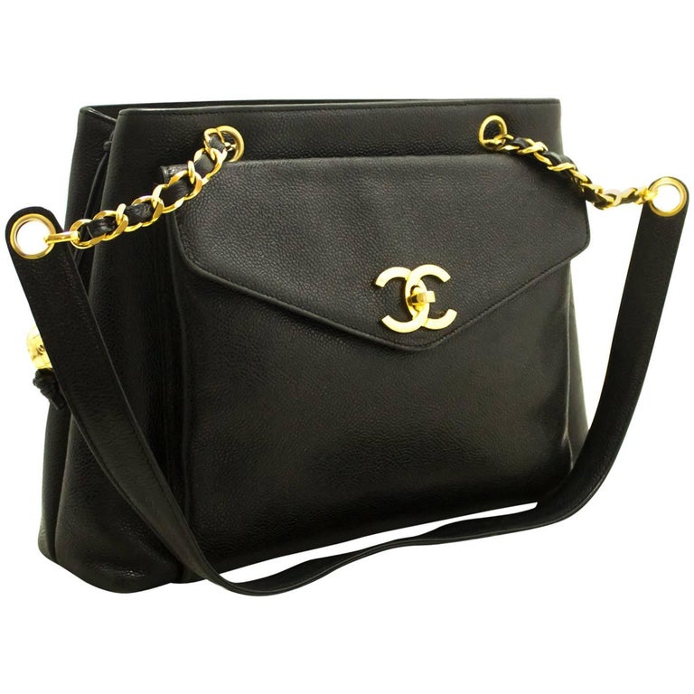 Chanel Caviar Large Chain Shoulder Bag Black Leather Gold Zipper For Sale at 1stdibs