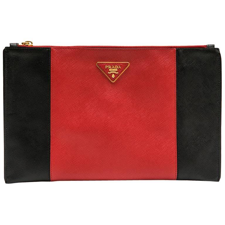 PRADA Clutch in Two-Tone Black and Red Grained Leather