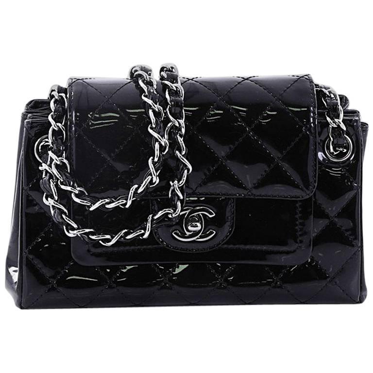 Small flap bag, Patent calfskin & black metal, black — Fashion