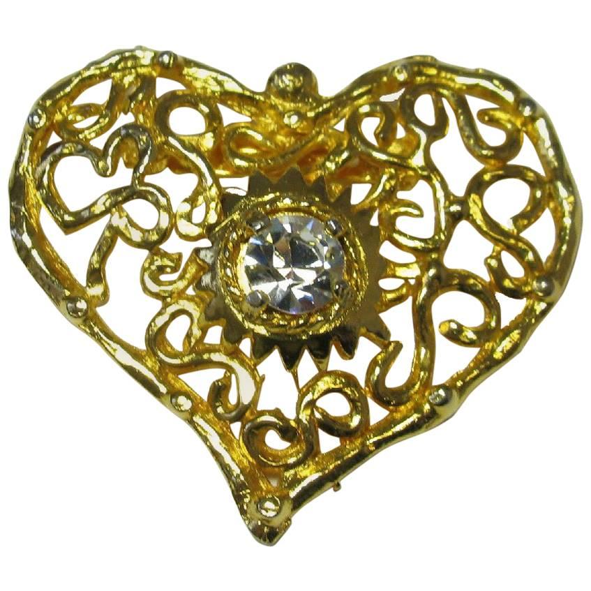CHRISTIAN LACROIX Vintage Heart Brooch in Gilded Metal and White Rhinestone