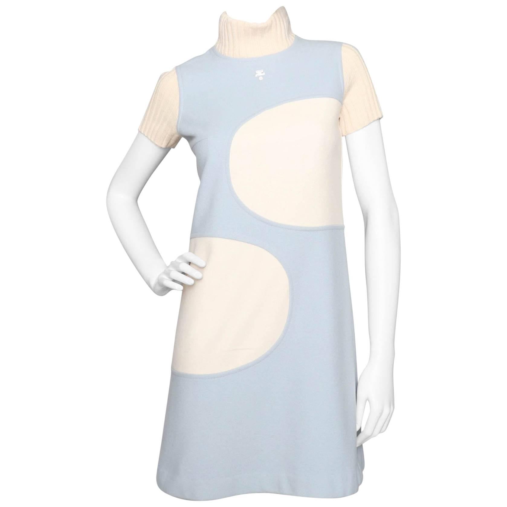 A 1960s Vintage Courrèges White & Blue Wool Mini Dress XS For Sale