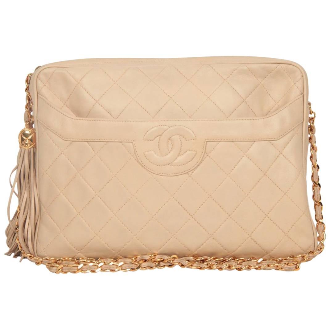 Chanel Vintage Beige Quilted Leather CC Stitch Camera Bag with 