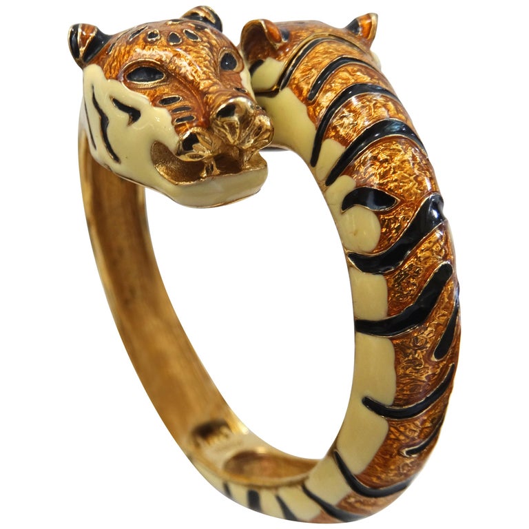Kenneth Jay Lane Gold and White Tiger Bangle Watch Vintage KJL Kenneth Jay Lane Enamel Tiger Watch Hinged  main image 3