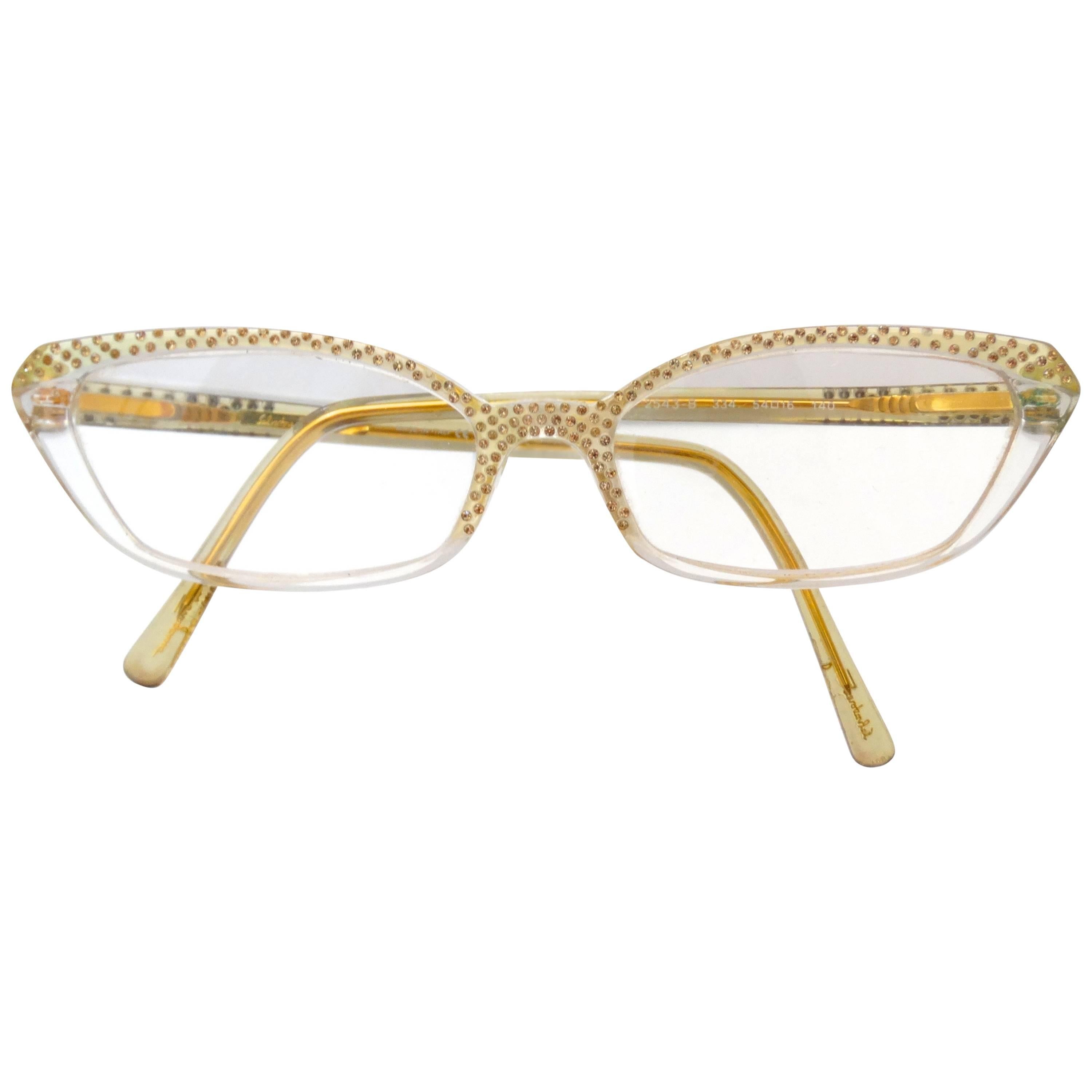 1950s Style Salvatore Ferragamo Gold Rhinestone Cat Eye Glasses 
